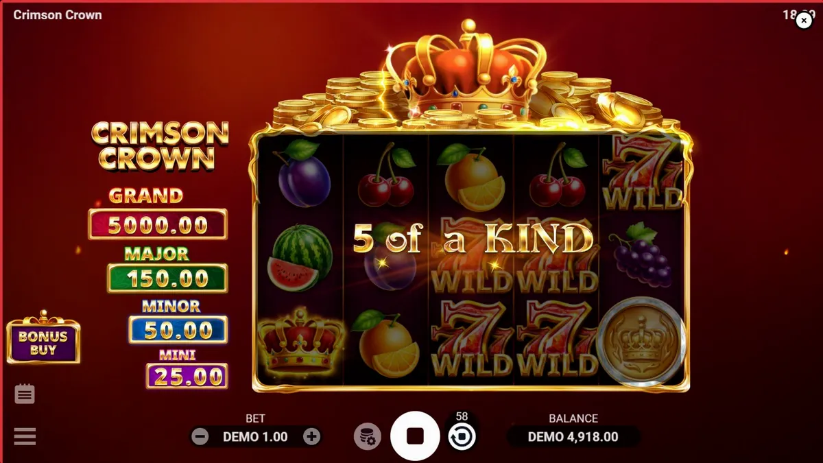 Tampilan visual slot Crimson Crown dengan simbol buah dan mahkota emas